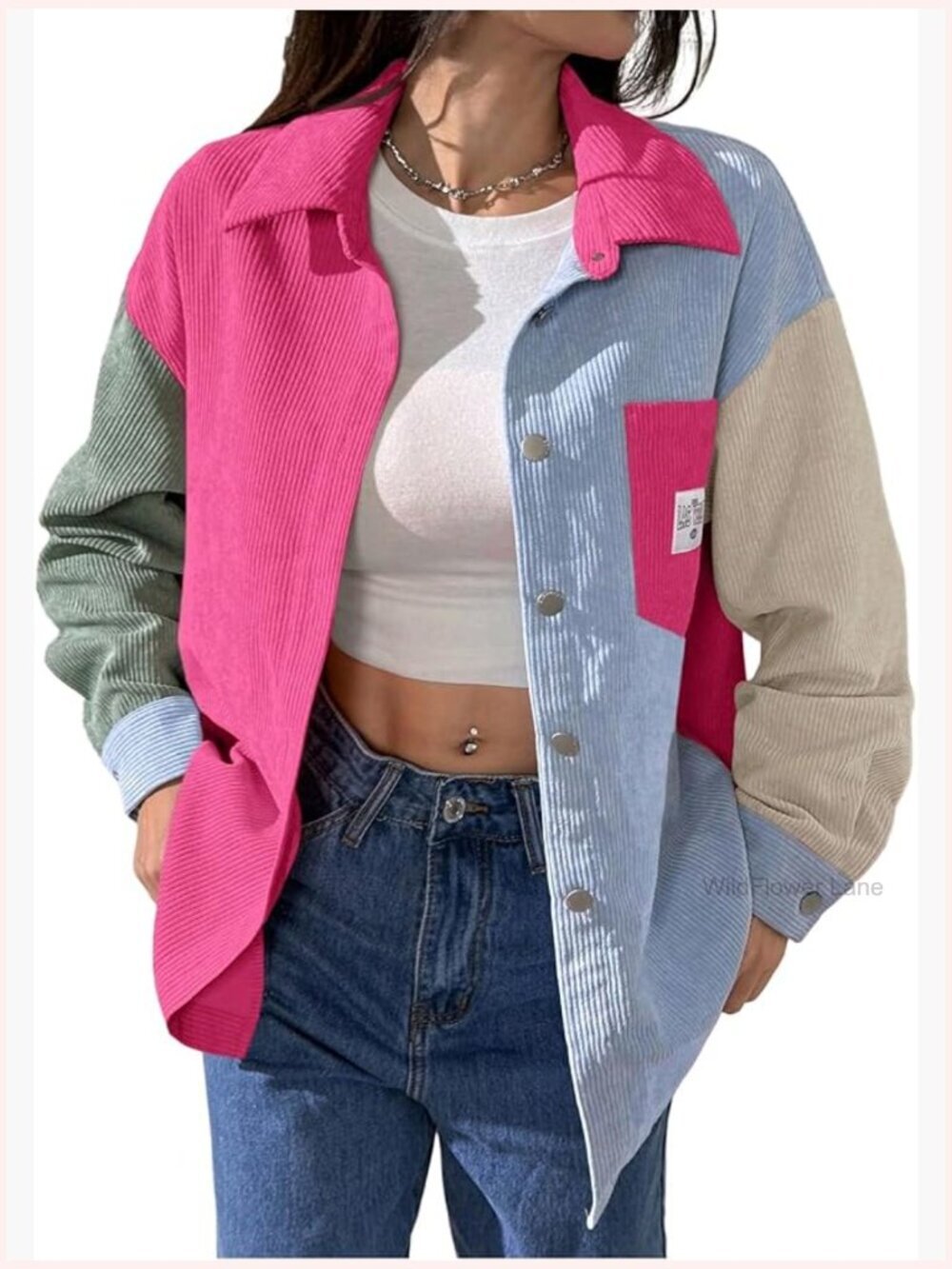 Plus Size Corduroy Button Down Jacket Boyfriend Long Sleeve Colorblock Coat